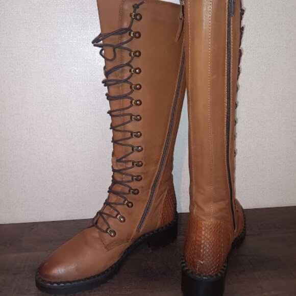 Vintage Foundry Co Size 8 Henrietta Brown Leather Boots Tall Combat Lace Zip Up - Picture 1 of 8